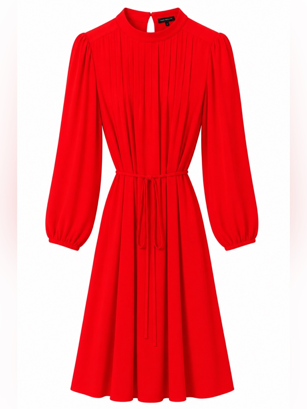 Ann Taylor Red Pleated Midi Dress with Tie Waist & Balloon Sleeves